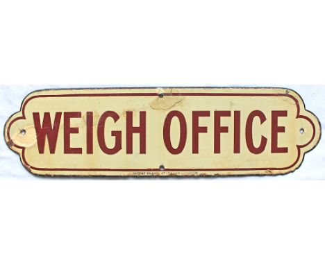 NER enamel Doorplate WEIGH OFFICE. Brown on cream ground thin border style, manufactured by Patent Enamel Co Ltd Birmingham a