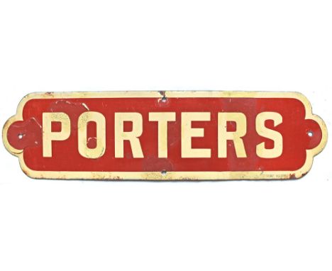 NER enamel Doorplate PORTERS. Cream on red ground, thicker border style, manufactured by Chromo Wolverhampton and measuring 2