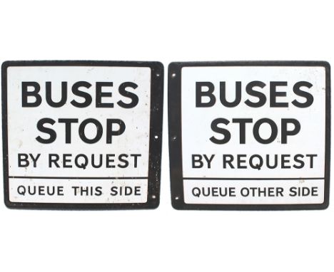 Buses Stop By Request enamel sign, double sided measuring 13in x 12in. One side includes the text Queue This Side, the revers