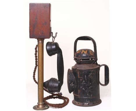 Candlestick telephone, wooden box on a brass shaft and bakelite handset standing 18in tall. In extremely good condition. Toge