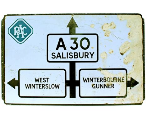 RAC Enamel Road Sign, triple destination type showing A30 SALISBURY; WEST WINTERSLOW; WINTERBOURNE GUNNER. Measures 48in x 30