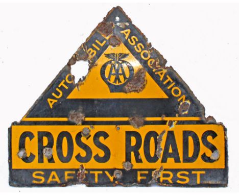 AA enamel Roadsign CROSS ROADS - Safety First. Made by Franco, 26in x 21in. 