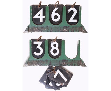 London Transport  Standard Tube Stock (1920's) enamel Train Reporting Numbers in original alloy frame. Displays three separat