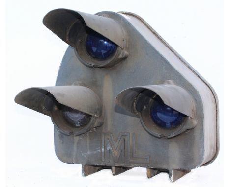 Colour Light Signal, 3 aspect, cast alloy case embossed ML. Ex trackside condition, not tested electrically.