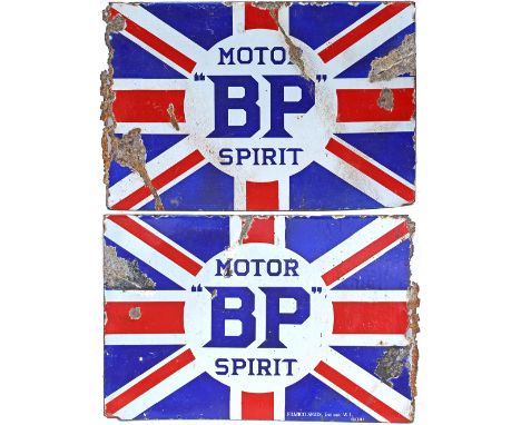 Enamel Sign BP MOTOR SPIRIT, double sided made by Franco, measuring 24in x 16in.