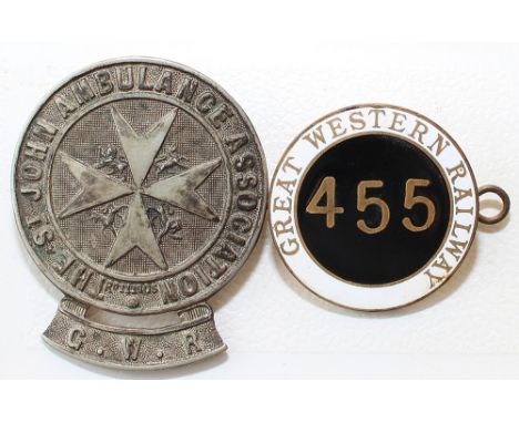 GWR St John Ambulance Association Badge, rear posts intact but no clip. Together with a GWR enamel Cap Badge numbered 455 com