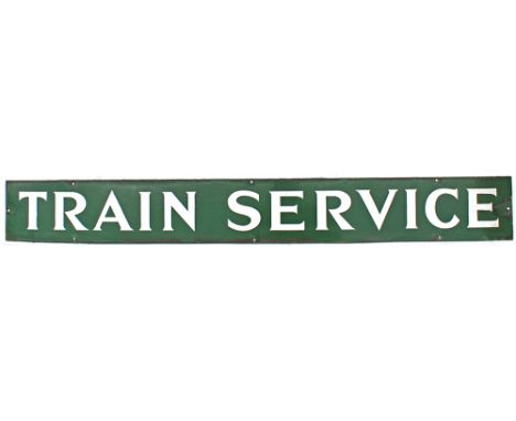 SR dark green enamel sign TRAIN SERVICE. Some bolt hole chips. Measuring 41in x 5in.