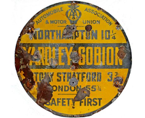 AA circular enamel Village Sign, YARDLEY GOBION with distances to Northampton, Stony Stratford and London. Made by Franco, me