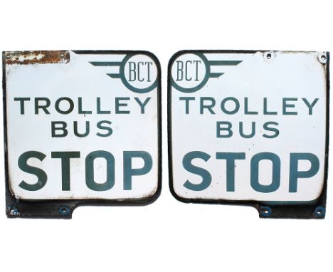 Bradford Corporation Trolley Bus Stop enamel sign, double sided measuring 12in x 11.5in. Extremely good condition.