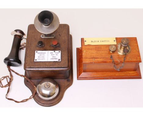 Signalbox wood cased Telephone complete with horn mouthpiece and separate bakelite earpiece. Enamel plate affixed to face, be