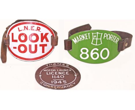 LNER Look-Out enamel Armband complete with leather strap, together with a Market Porter enamel Armband also with leather stra