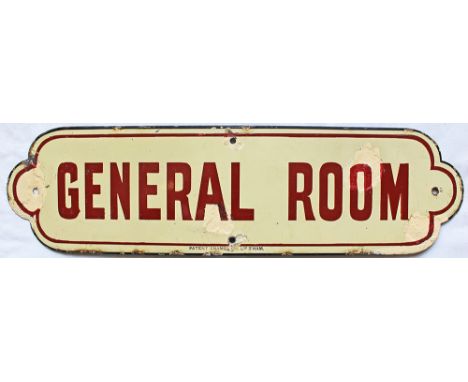 NER enamel Doorplate GENERAL ROOM. Brown on cream ground thin border style, manufactured by Patent Enamel Co Ltd Birmingham a
