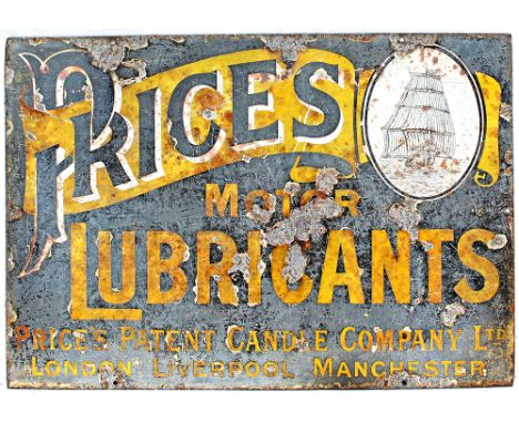 Enamel Sign PRICES MOTOR LUBRICANTS measures 21in x 14.5in.