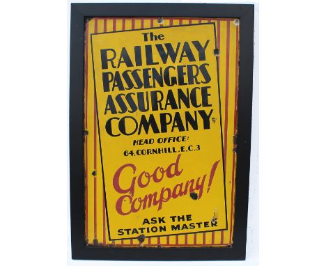 Enamel The Railway Passengers Assurance Company, in frame. Measuring 33in x 23in.