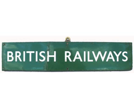 Enamel BR(S) dark green Poster Board Heading mounted on wooded board. Has been repaired. Measuring 27.5in x 5.75in.