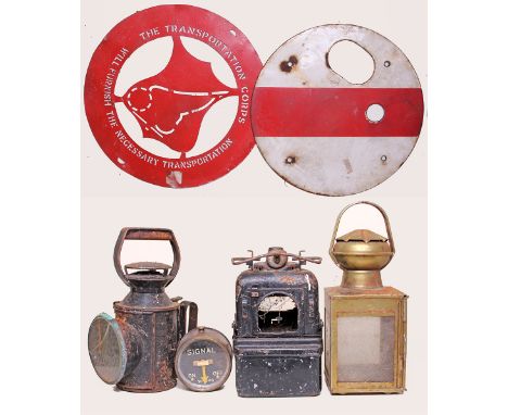 Lamps qty 3, all in need of a good clean and some tlc. Together with  a circular enamel Signal Disc; a circular Transporation