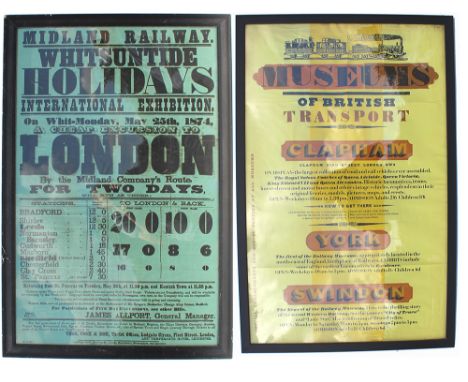 Posters, qty 2 both D/R size in perspex frames comprising: Midland Railway letterpress Holidays 1874; Museums of British Tran