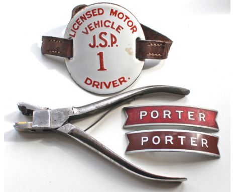 Nickel Fishtail Cap Badges qty 2: BR(W) PORTER by J R Gaunt; BR(M) PORTER together with Ticket Clippers which punch the No 19