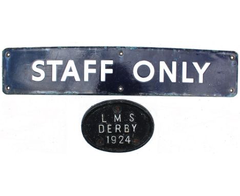 BR(E) Enamel Doorplate STAFF ONLY, flangeless variety, some restoration and somewhat tired. Together with an LMS Derby 1925 C