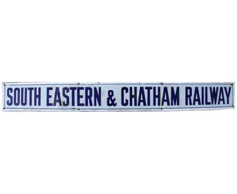 Enamel Poster Board SOUTH EASTERN &amp; CHATHAM RAILWAY. Measuring 41.5in x 4.75in, some repairs.