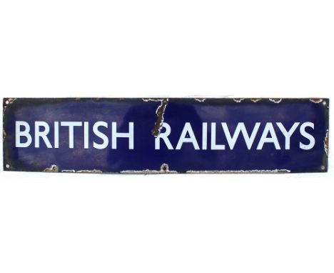 BR(E) Poster Heading BRITISH RAILWAYS. Measuring 25.5in x 5.75in and has some enamel loss.