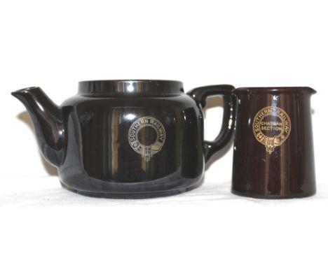 Southern Railway brown Teapot with garter crest on side, together with a Southern Railway Chatham Section brown Milk Jug with