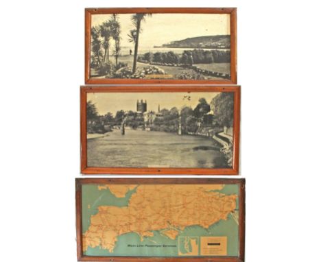 Carriage Prints, quantity 3 all in original frames but lacking glazing, comprising: GWR sepia Newlyn from Bolitho Gardens; GW