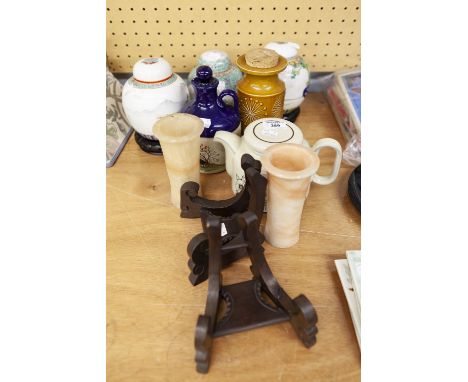 STONEWARE JUG WITH PHEASANT DECORATION, THREE GINGER JARS, HORNSEA TEAPOT, PORTMERION JAR, TWO WOODEN STANDS AND TWO CHINESE 