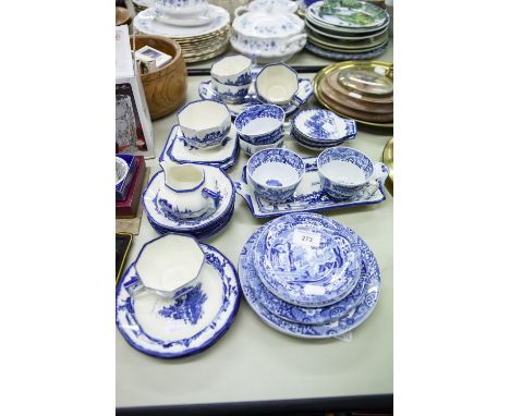 TWENTY EIGHT PIECE ROYAL DOULTON 'NORFOLK' PATTERN BLUE AND WHITE POTTERY PART TEA SERVICE, WITH SIX CUPS AND SAUCERS, MILK J