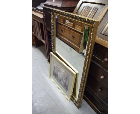 A LARGE OBLONG WALL MIRROR, IN GILT FRAME AND A HELEN BRADLEY COLOUR PRINT (UNSIGNED) 