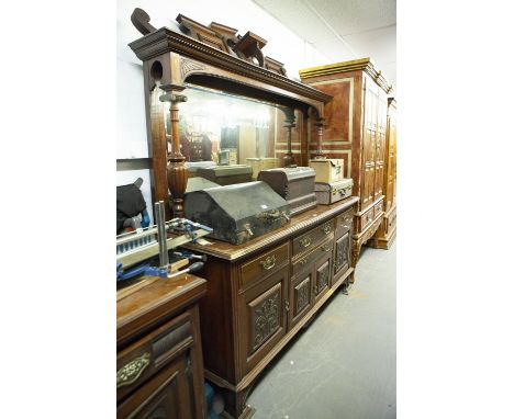 LARGE VICTORIAN CARVED WALNUTWOOD  SIDEBOARD, WITH HIGH MIRROR CANOPY BACK, 6' WIDE 