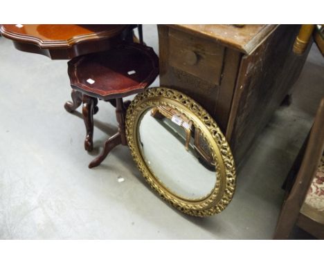 A CONVEX WALL MIRROR IN GILT FRAME, TWO GEORGIAN STYLE WINE TABLES 