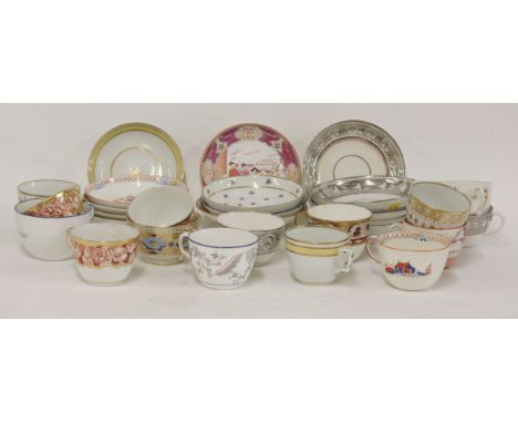 Assorted late 18th/early 19th century bute shape tea cups and saucers, attributed to Worcester, Coalport, Herculaneum, New Ha