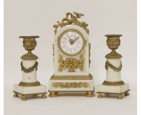 A small 19th century French marble and ormolu clock garniture, the clock with Classical mounts and painted floral swags to th