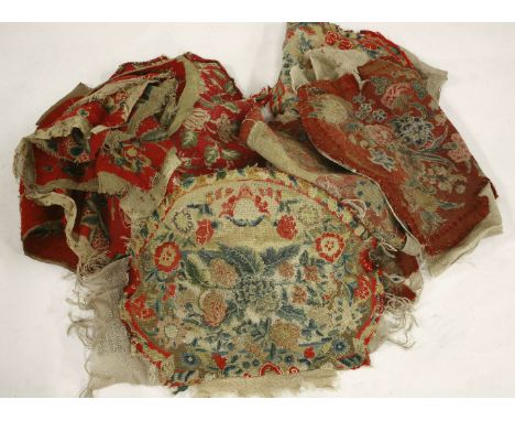 Two 19th century wool and flat weave tapestry seat panels, red ground with petit-point decoration of floral bouquets on later