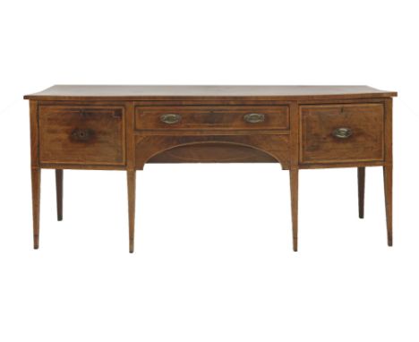 A George III mahogany bow fronted sideboard, with herringbone and parquetry inlay, on square tapering legs, 210cm wide, 75cm 