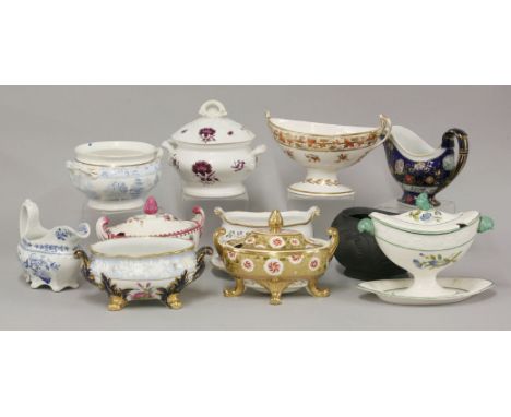 Nine assorted early 19th century hand painted sauce tureens and covers, to include Chamberlains, Worcester, Hicks & Meigh, Wi