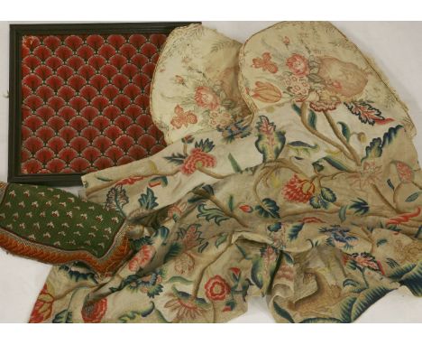 A linen panel, highly embroidered with early 18th century motifs in crewel work of a hunting scene, mostly in polychrome runn