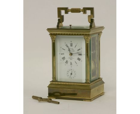 A French L'Ep‚e carriage clock, white enamel dial signed 'L'Ep‚e Fond‚e en 1839', gilt brass striking movement, repeat button