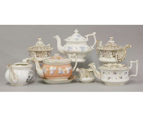 Early 19th century teawares, comprising a four piece porcelain teaset, a teapot and stand, a bat printed teapot pattern No 51