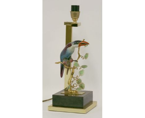 A modern porcelain and gilt metal mounted bird of paradise table lamp, on plinth, 31cm