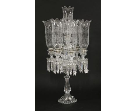 A modern moulded glass six light table candelabra, 83cm high