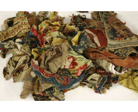 A large collection of flat weave fragments and off cuts, consisting of European tapestry board pieces and fragments of variou