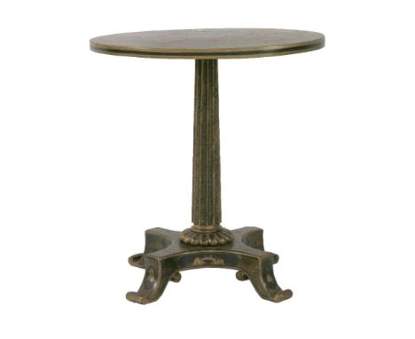 A Victorian circular black lacquer and gilt lamp table, with tip up top on fluted column and quatreform base, 61cm diameter, 