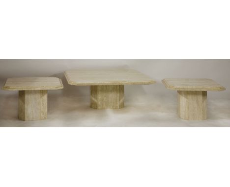 An Art Deco style marble coffee table, 100cm square, and a pair of matching low tables, 59.5cm square (3)