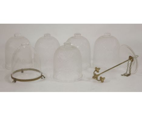 A modern brass hanging lamp, with large glass shade, and four further engraved glass shades (5)