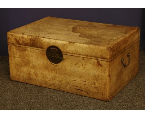 An early 20th century Chinese travelling trunk, with blue material interior and label, reputedly purchased from Fortnum & Mas