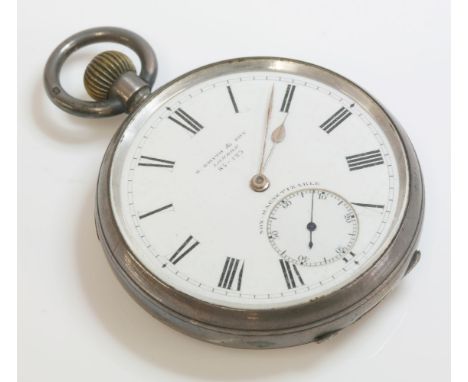 A sterling silver open faced pocket watch, S Smith & Son London, 5.4cm diameter, white enamel dial, black Roman numerals, sub