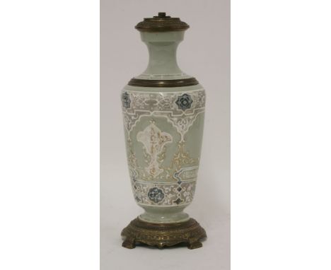 A 19th century celadon ground table lamp, with ormolu mounts, 37cm high