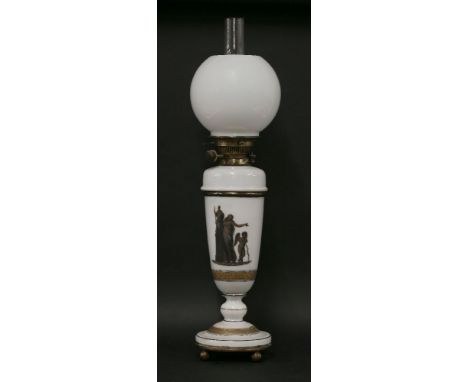 A Victorian white glass oil lamp, the vase base decorated with Classical vignette, with gilt metal mounts, the lift-out reser